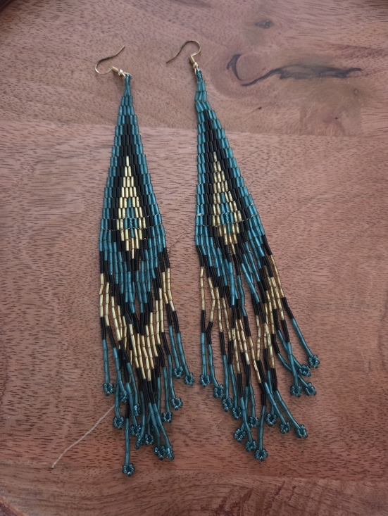 Jewelry - Western Teal Gold Black beaded fringe earrings Boho Rodeo Festival Cowgirl
